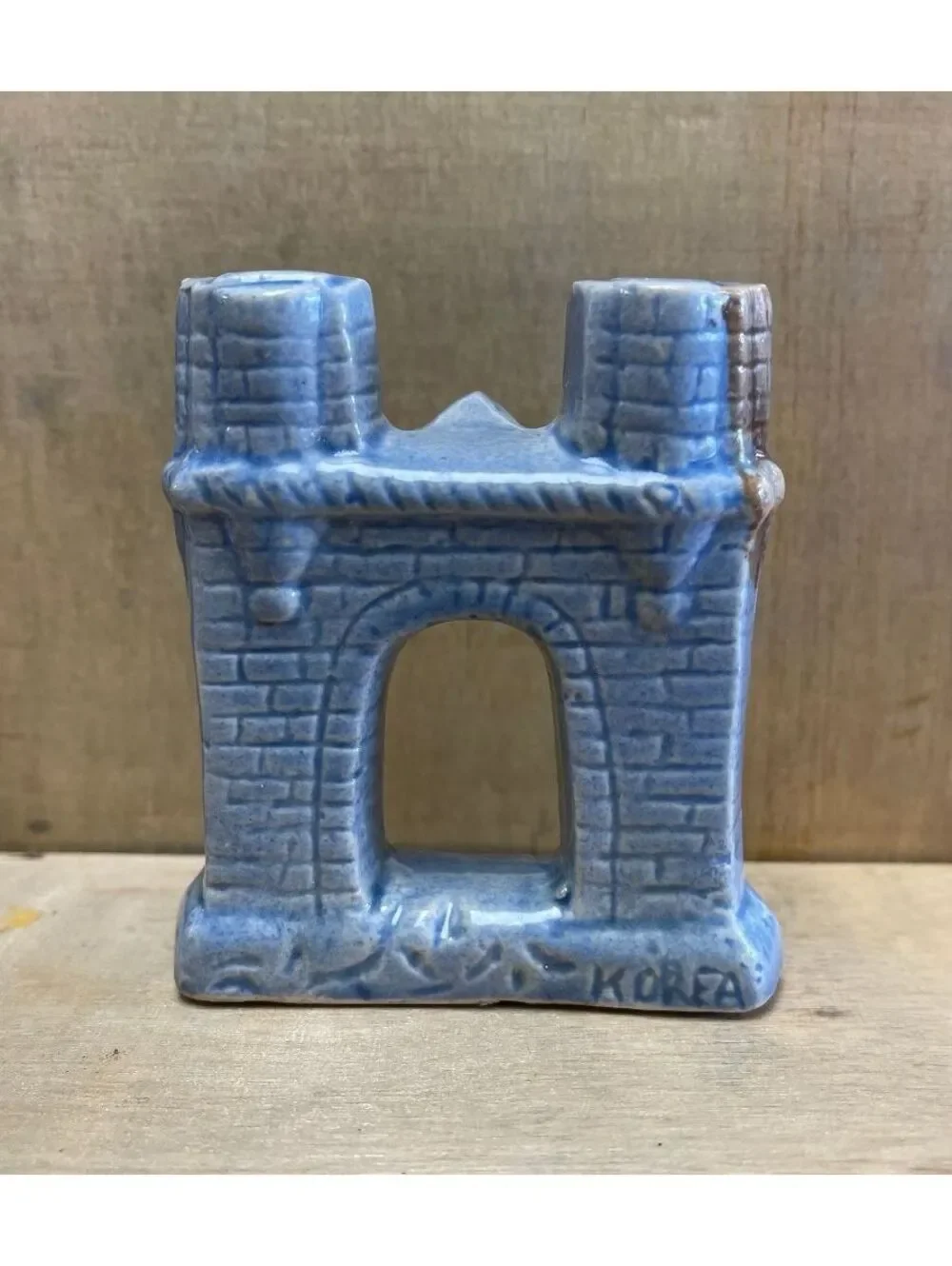 Vintage Blue Ceramic Castle Figurine Marked Korea